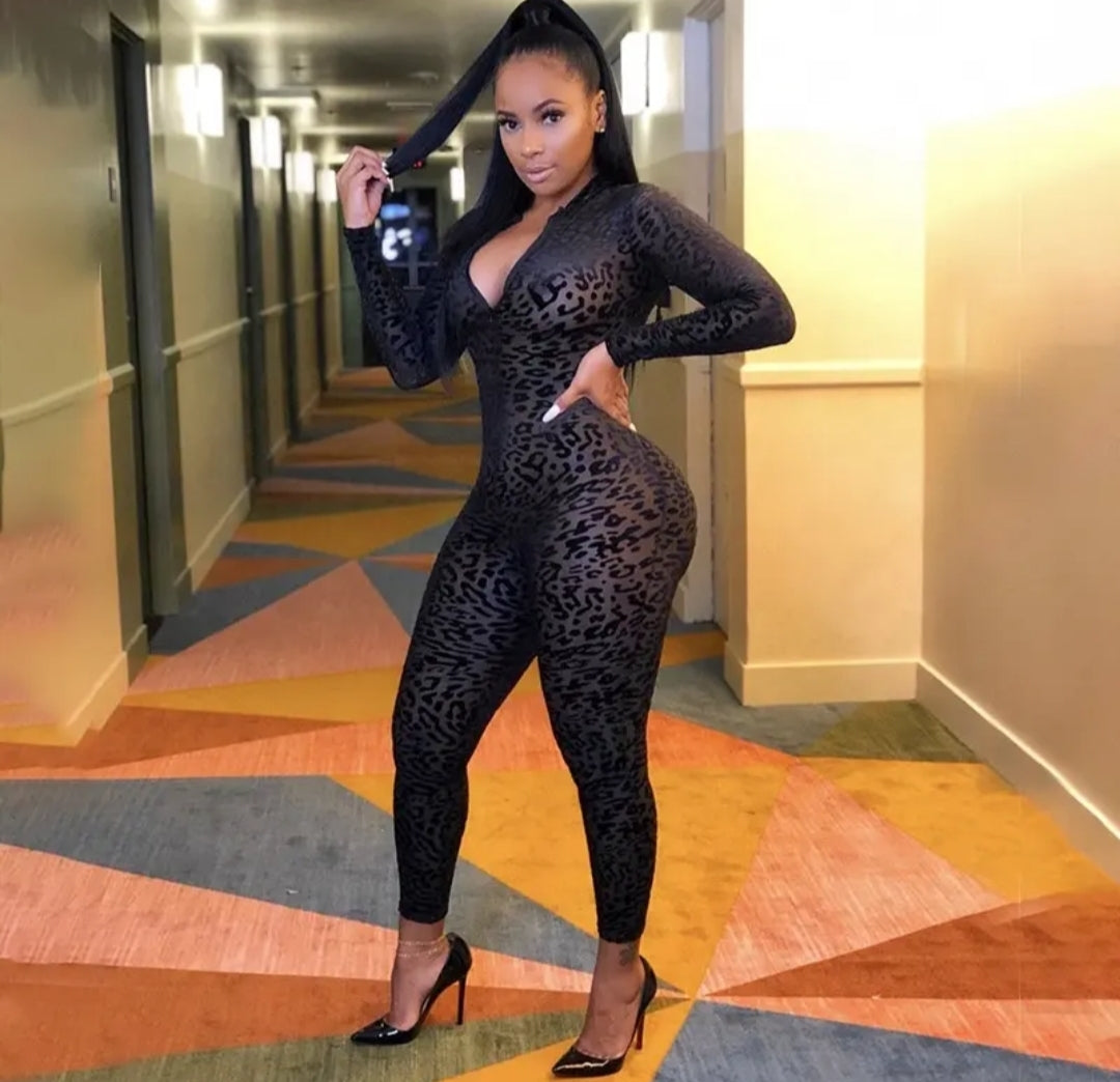 SOLID MESH SEE-THROUGH CLUB O-NECK JUMPSUIT